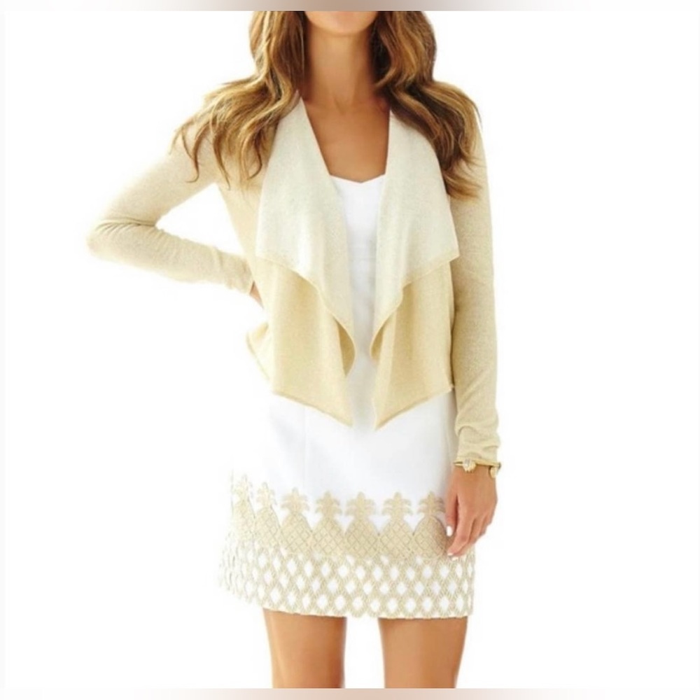 Lilly Pulitzer Colony Open Drape Front Cardigan Sweater Gold Metallic - Picture 3 of 4